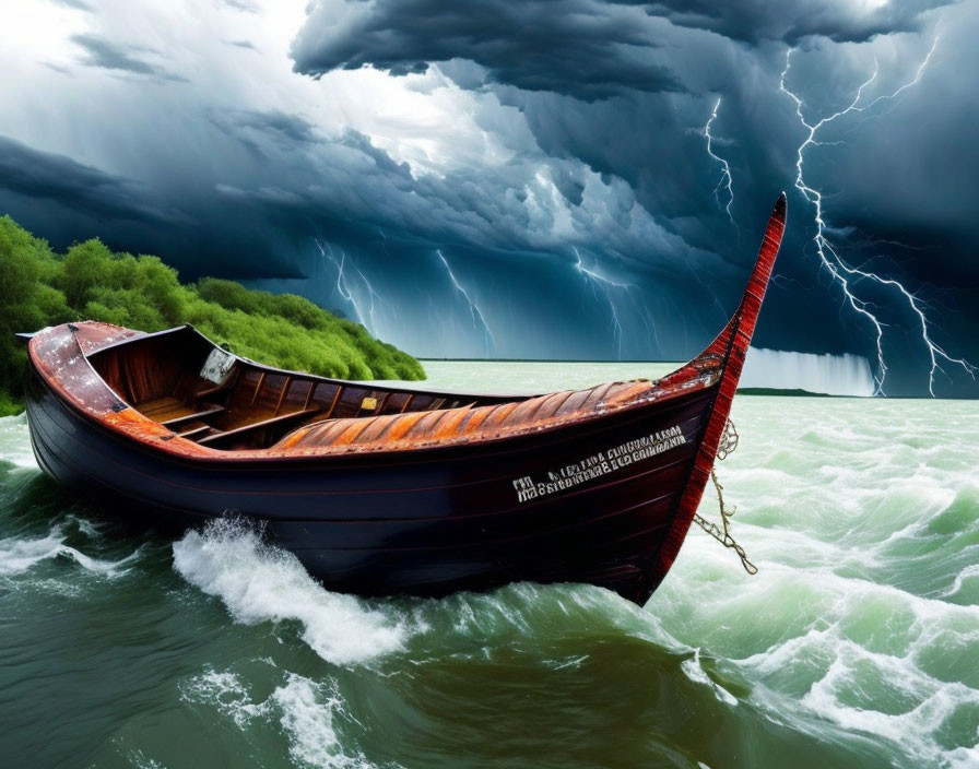 Wooden Boat Adrift on Turbulent Green Sea in Stormy Sky with Lightning
