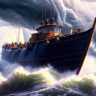 Stormy Sea Fishing Boat Artwork with Lightning Sky
