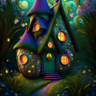 Colorful whimsical digital illustration: Magical treehouse in lush foliage, starry sky