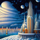 Futuristic cityscape with starry sky and planets: a serene, fantastical artwork.