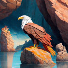 Illustrated eagle perched on rock in vivid canyon with reflective water and soaring birds in background.
