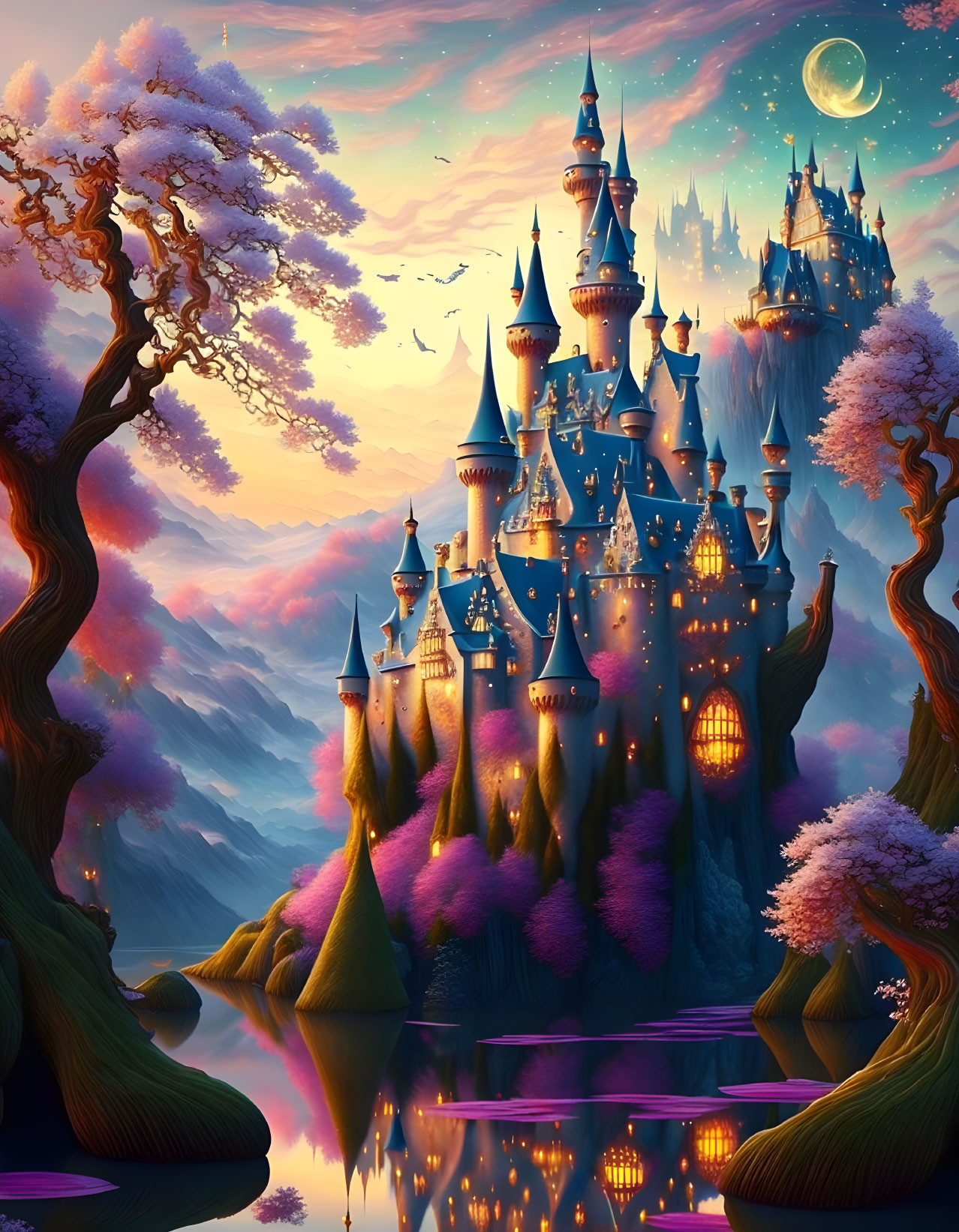 Fantastical castle in colorful dreamlike landscape