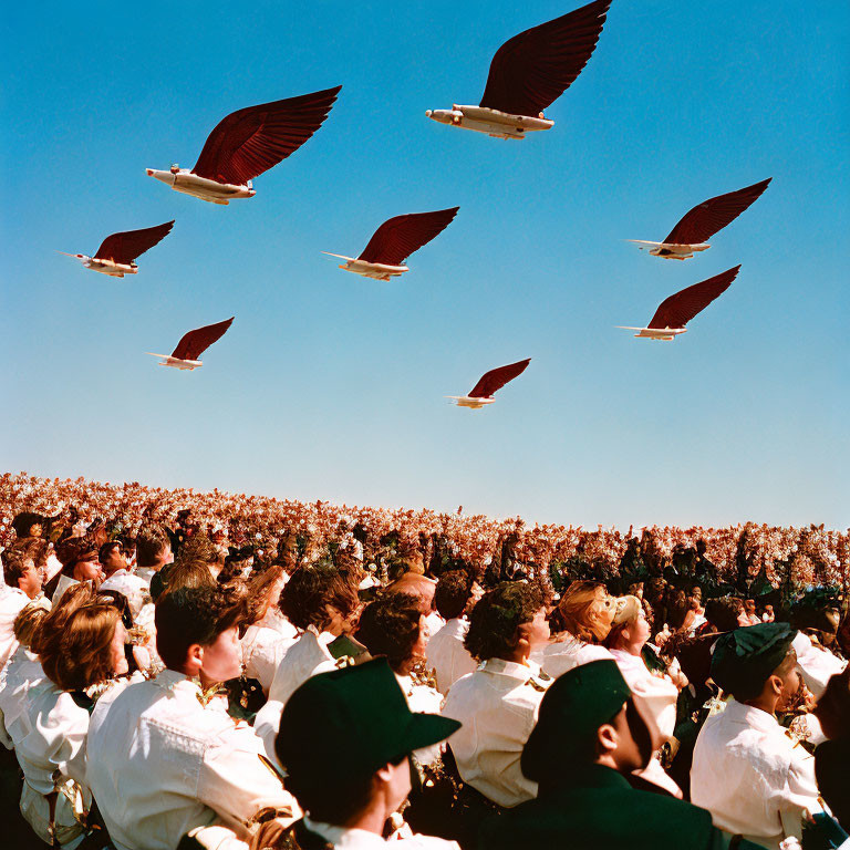 Traditional Clothing Crowd Watching Birdlike Aircraft in Blue Sky
