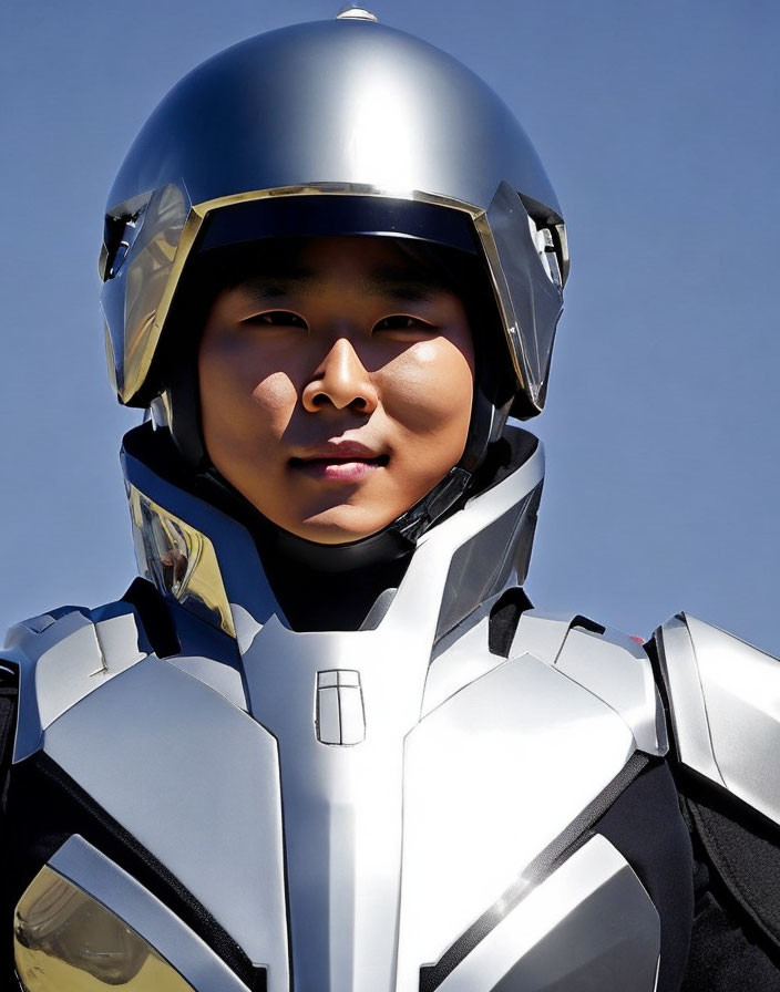 Futuristic silver armor helmet with reflective visor on blue sky background
