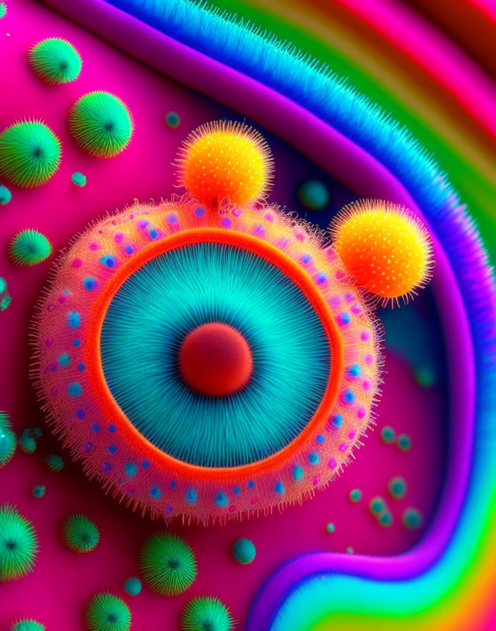 Colorful abstract art with neon disc and haloed spheres in pink, green, orange, and blue
