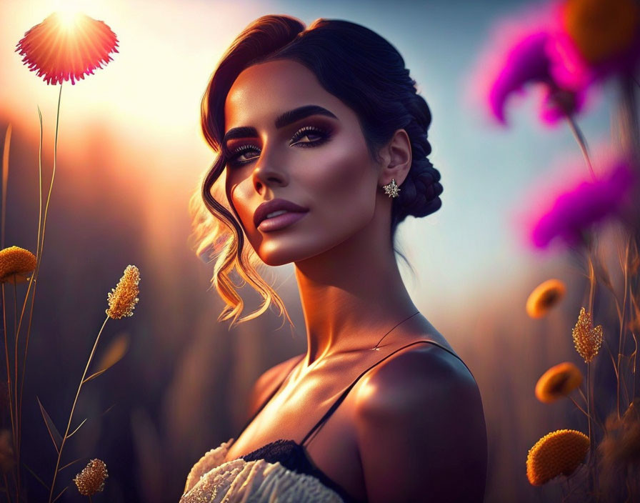 Styled woman in colorful wildflowers at golden hour