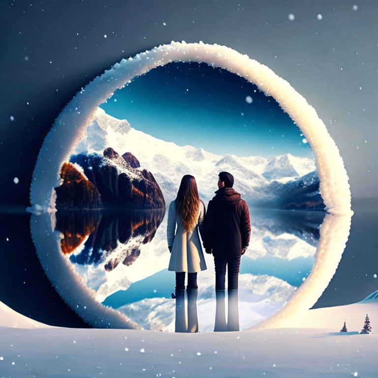 Two individuals by circular portal with snowy mountain view.