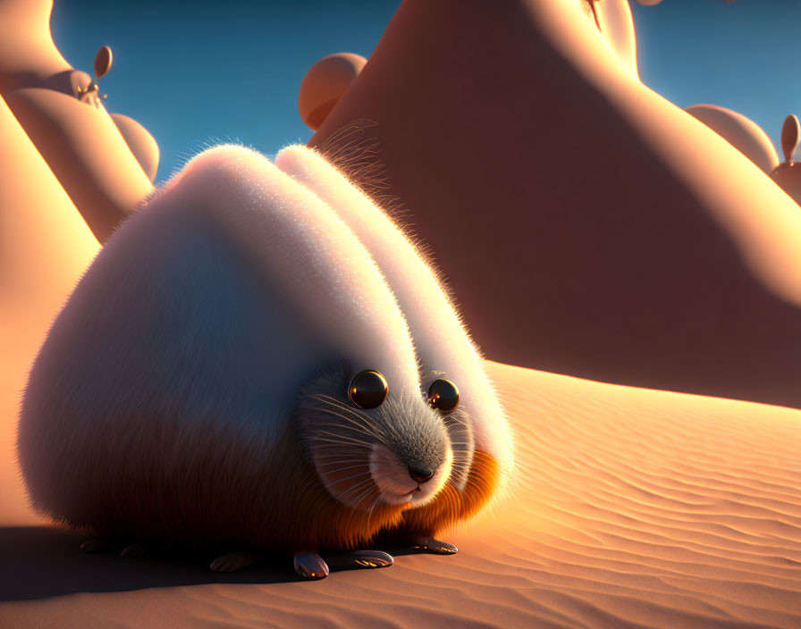 Fluffy White Creature in Desert Under Warm Light