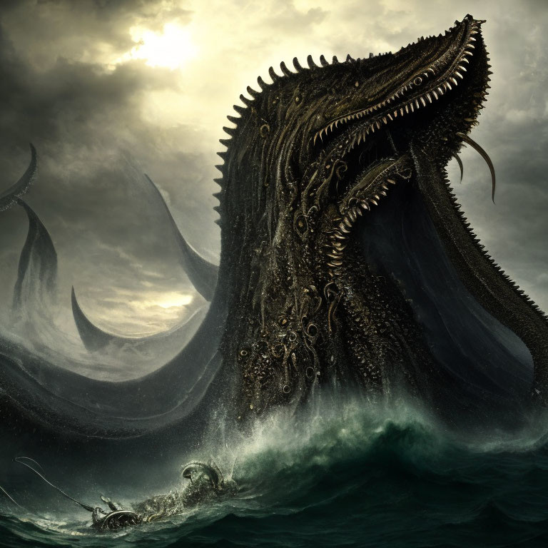 Gigantic sea creature with tentacles and sharp teeth in stormy ocean