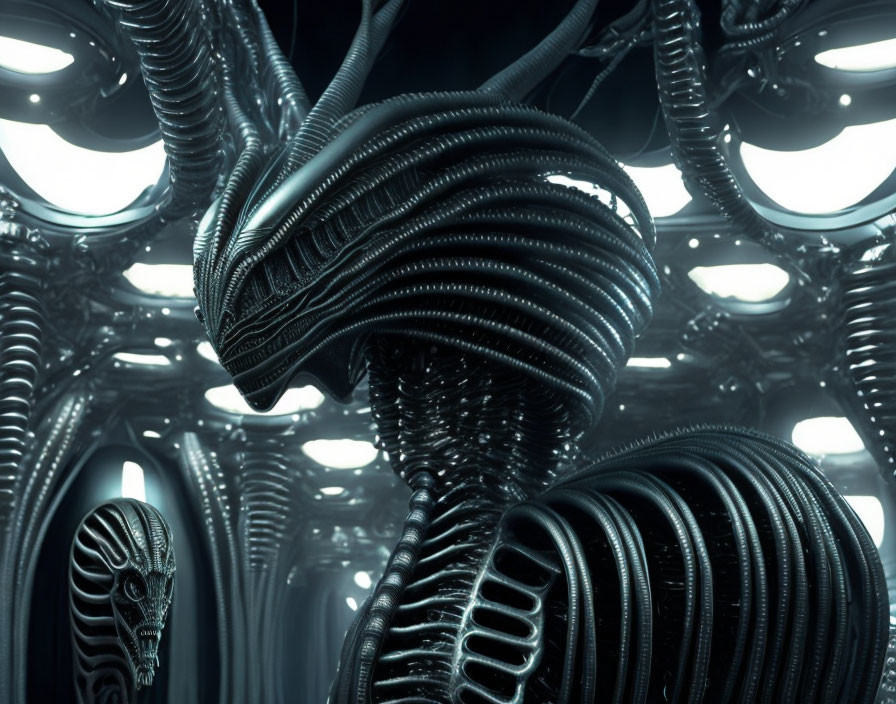 Detailed Render of Biomechanical Alien Creatures in Futuristic Corridor