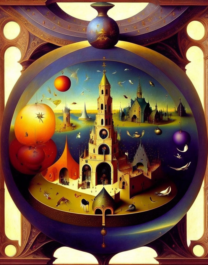 Surrealist artwork: central tower, floating spheres, whimsical landscapes