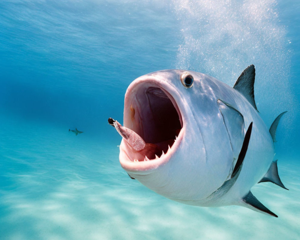 Underwater image of large fish with open mouth and smaller fish in sunlit ocean