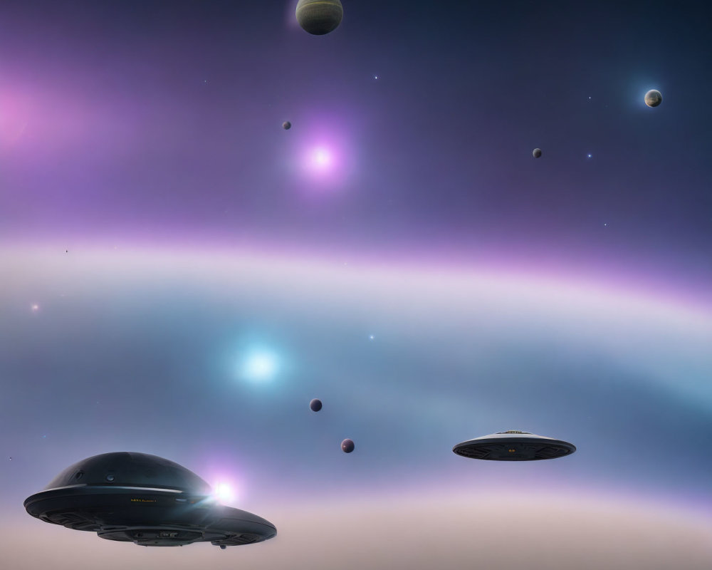Multiple UFOs in starry sky with colorful nebulae and planets of varying sizes.