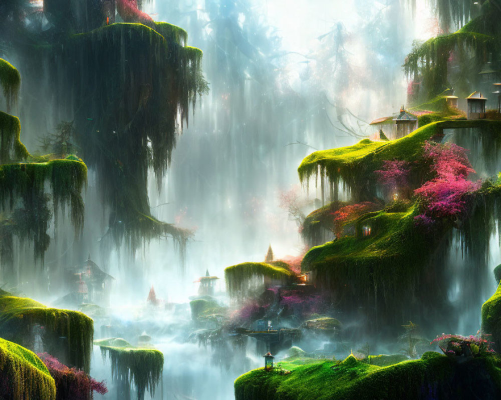 Lush green cliffside with waterfalls and Asian-style buildings amid misty atmosphere