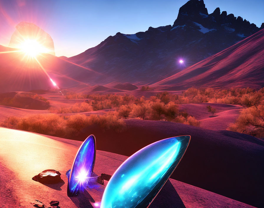Colorful sci-fi landscape with glowing alien orbs, purple sand dunes, majestic mountains, and radiant