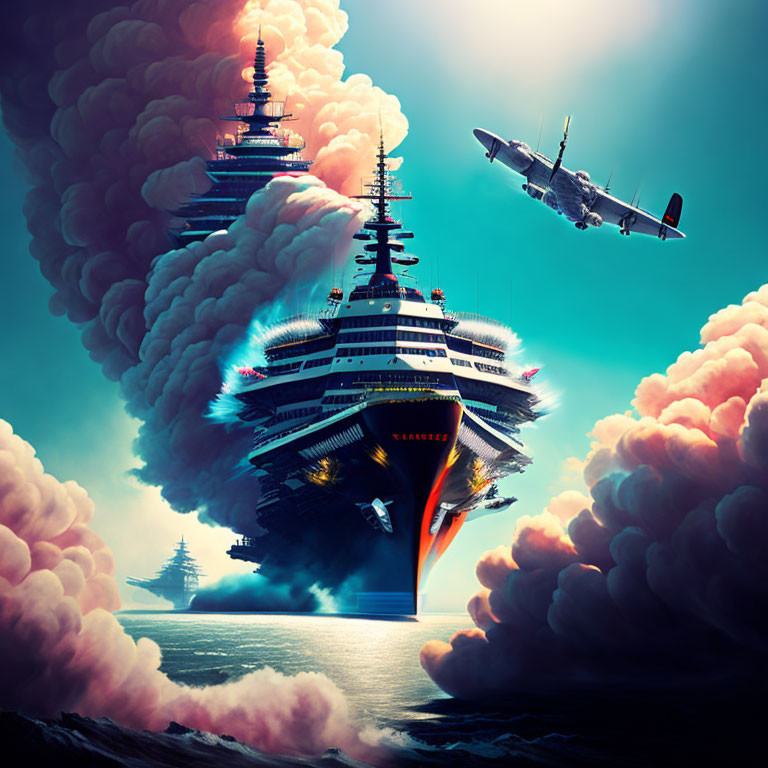 Surreal inverted battleship in clouds with airplane and ocean-sky collision.