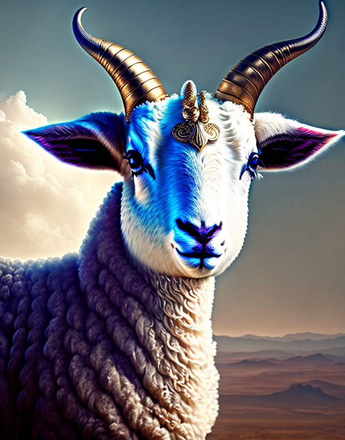 Surreal sheep with curved horns and decorative forehead piece in cloudy sky.