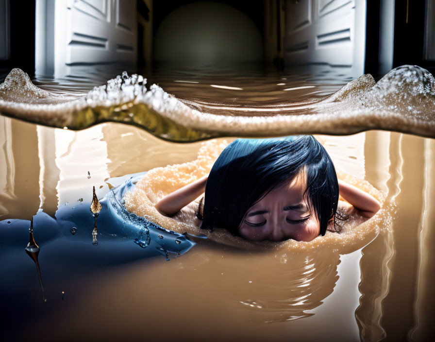 Person partially submerged in water with closed eyes creating ripples and splashes.