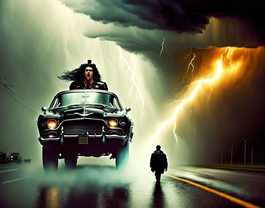 Person standing next to classic car with dramatic lightning on road