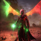 Vibrant dragon-like creature with glowing green eyes and red-tinged wings