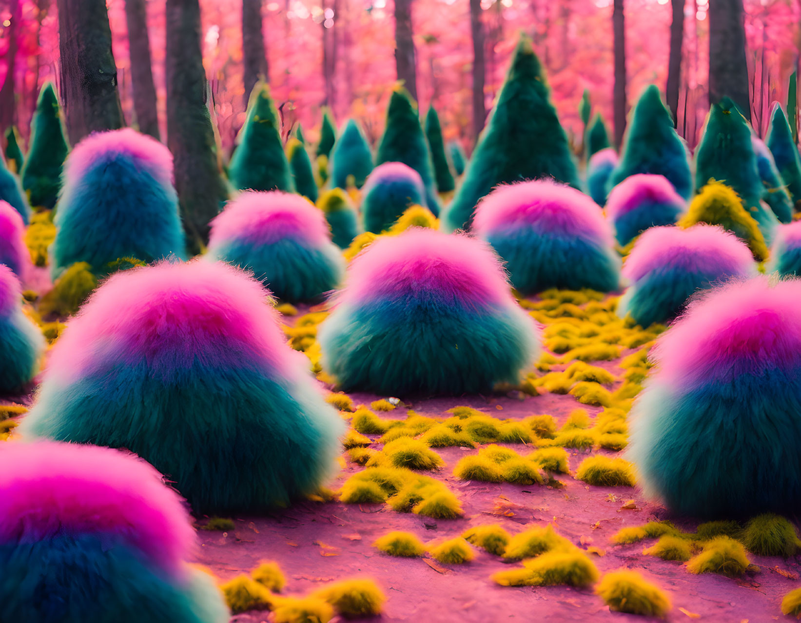 Colorful surreal forest with cone-shaped bushes and pinkish glow