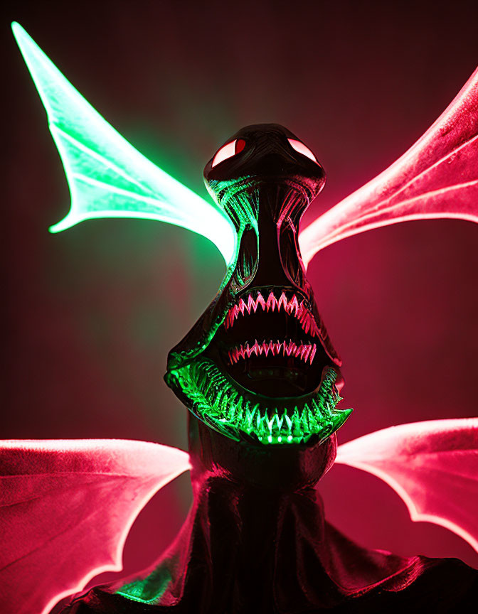 Vibrant dragon-like creature with glowing green eyes and red-tinged wings