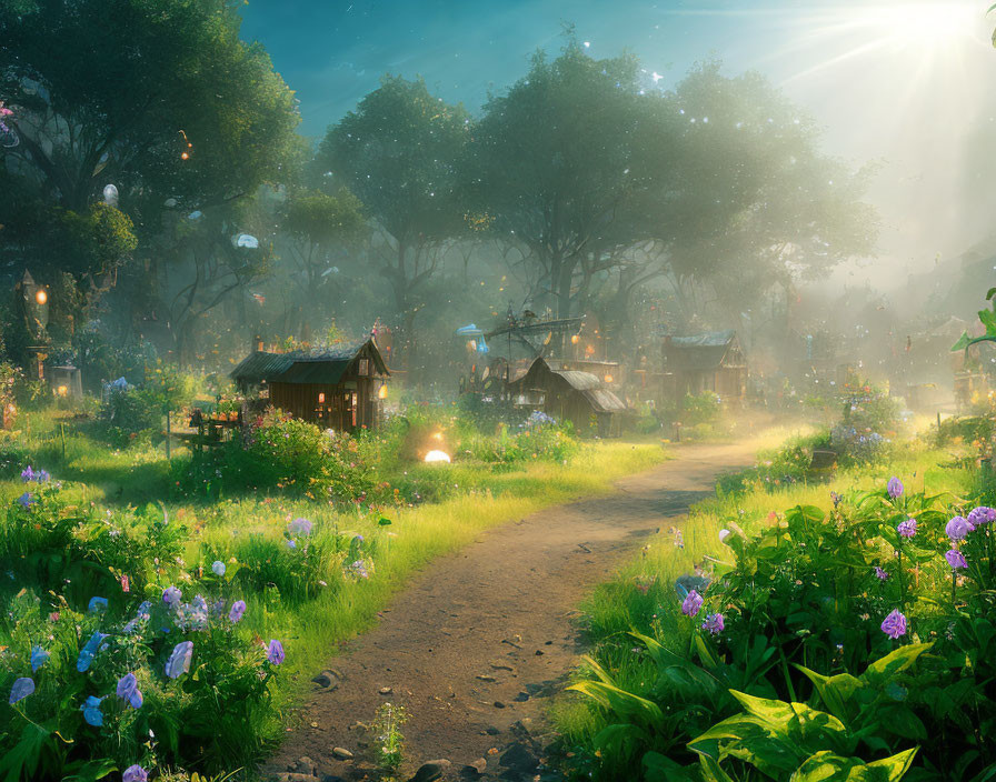 Sunlit forest village with lush greenery, blooming flowers, wooden cottages, and mystical atmosphere