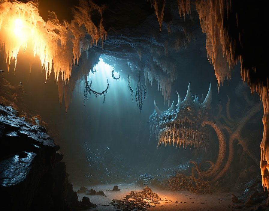 Mystical underground cave with fire torch, eerie stalactites, dragon-like remains, and haunting