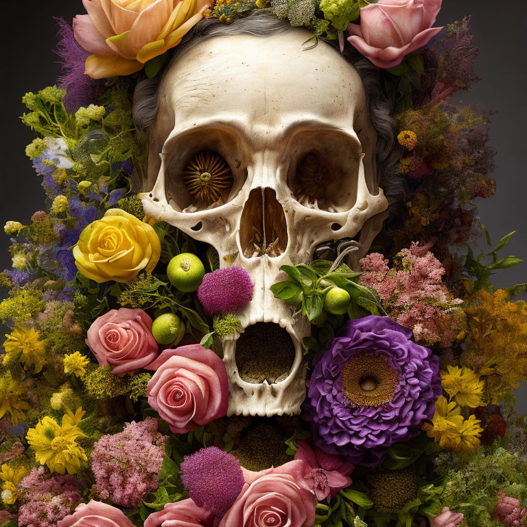 Skull surrounded by vibrant flowers and plants