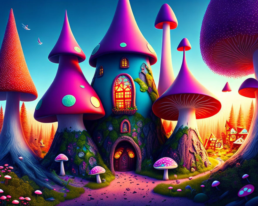 Colorful Mushroom Houses in Enchanted Forest Sunset