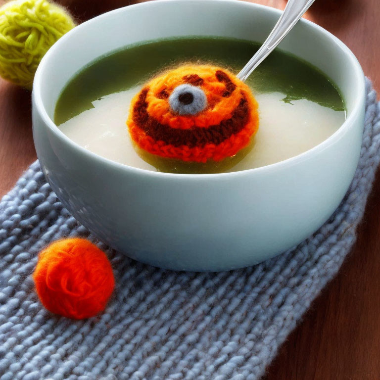 Whimsical pumpkin soup with knitted decor on wood surface