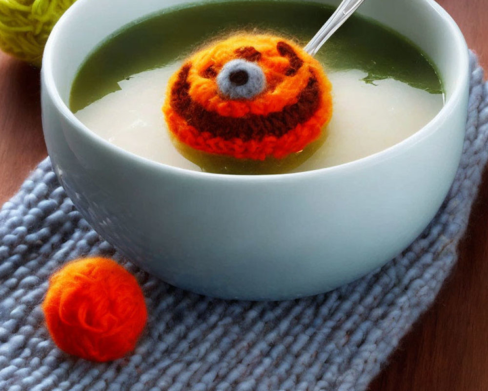 Whimsical pumpkin soup with knitted decor on wood surface