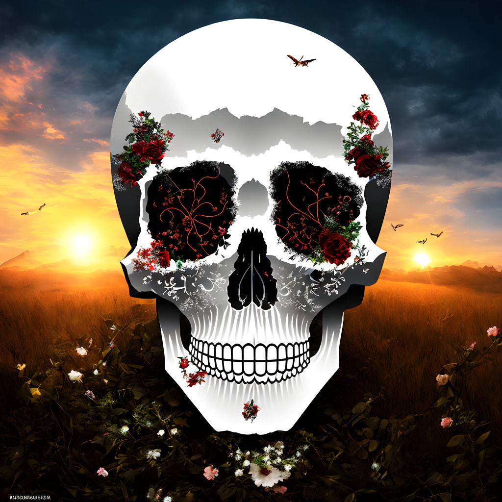 Skull with floral patterns and roses in sunset sky with birds