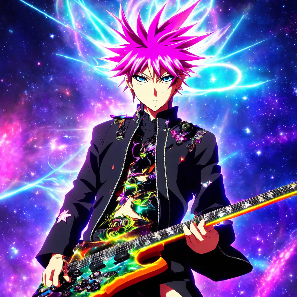 Pink Spiked Hair Animated Character Playing Guitar in Cosmic Background