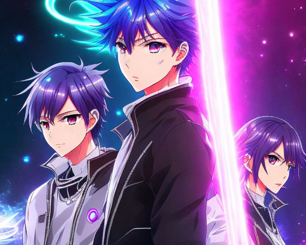 Animated characters with blue hair and purple eyes in cosmic setting with glowing sword.