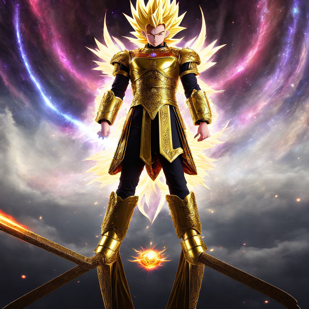 Golden-armored character with spiky hair in cosmic setting surrounded by fiery energy.