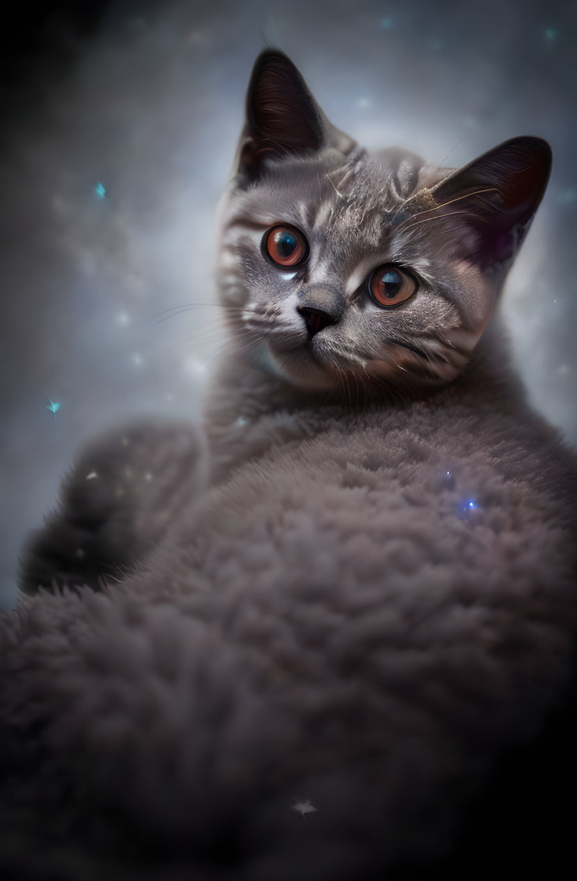 Digital Artwork: Cat with Human-like Eyes in Mystical Starry Setting