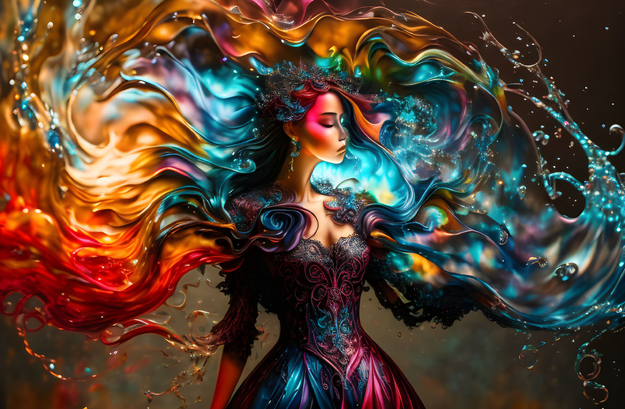 Colorful swirling gown and surroundings in vibrant artwork.