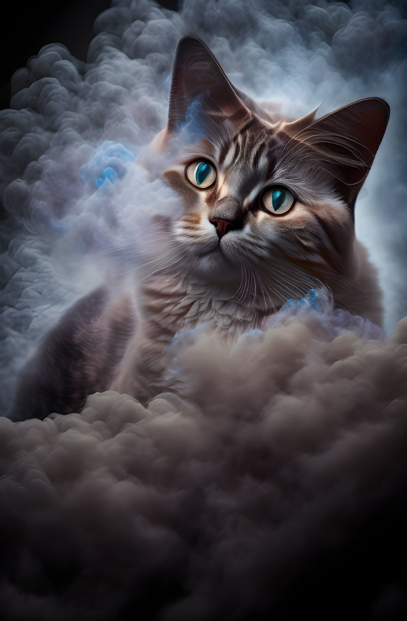 Majestic Cat with Amber Eyes in Cloud-Like Setting