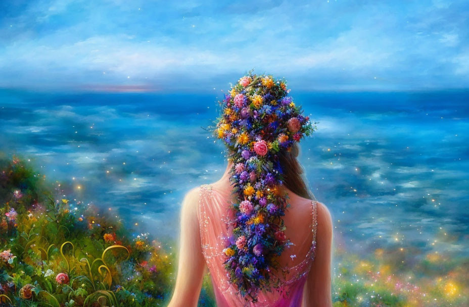 Woman with floral crown admiring ocean view in dreamy seascape