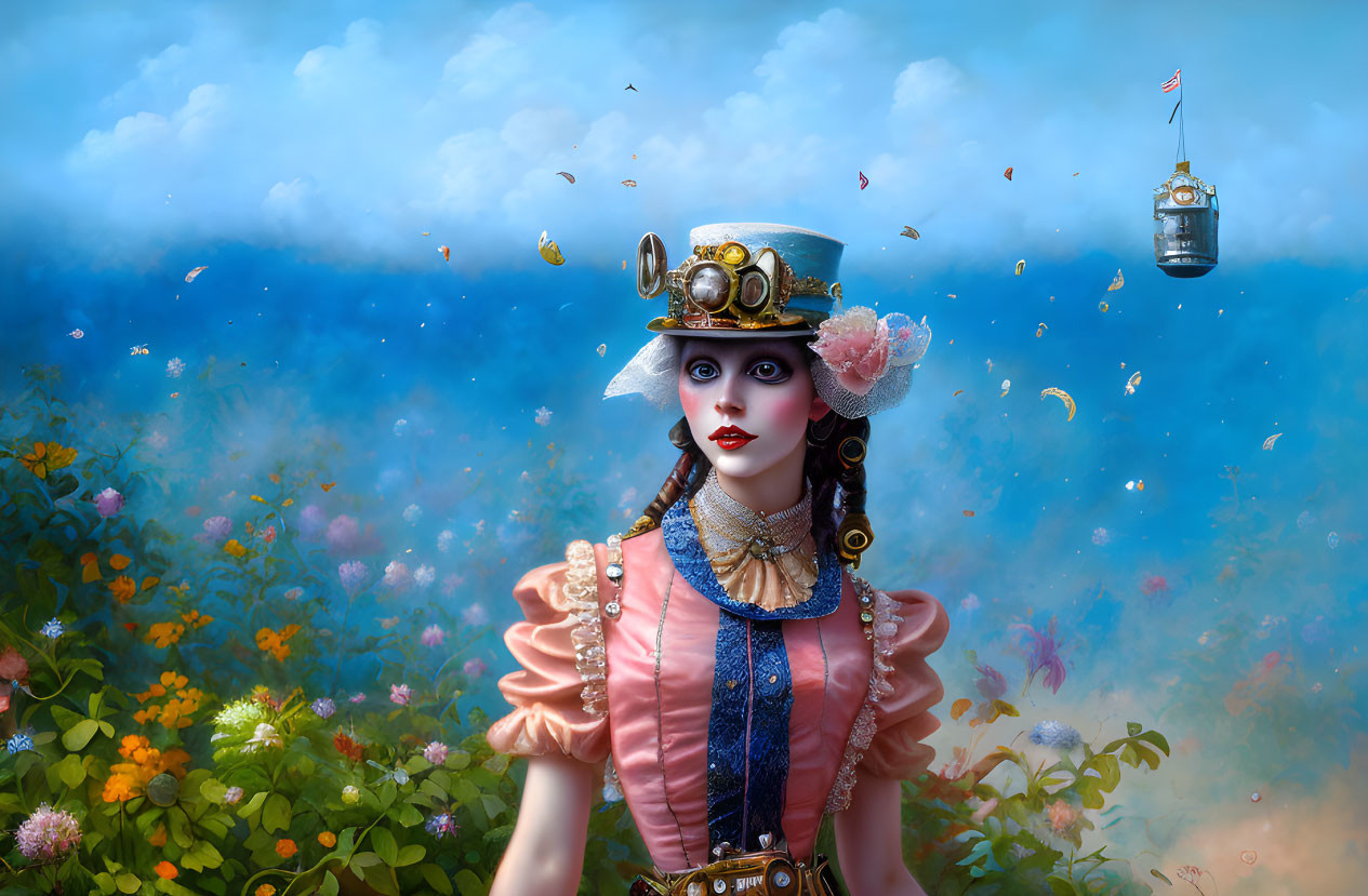 Woman in Steampunk Attire with Top Hat and Goggles in Vibrant Setting