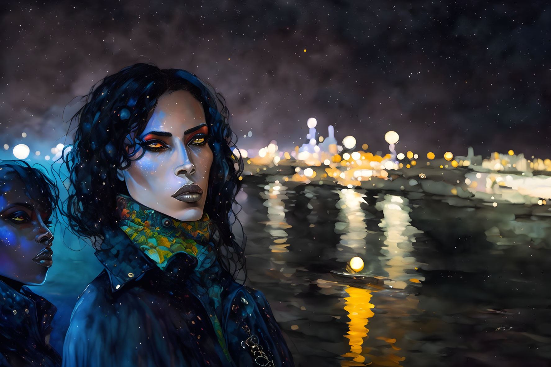Stylized women with blue skin tones in night cityscape reflection