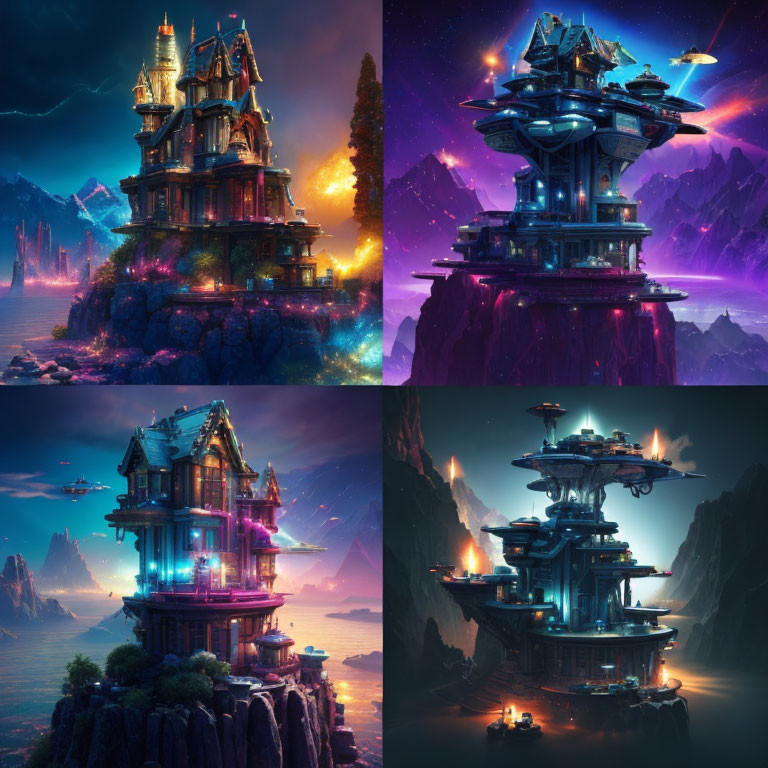 Fantasy structures on cliff edges with unique architectural styles and sky backdrops
