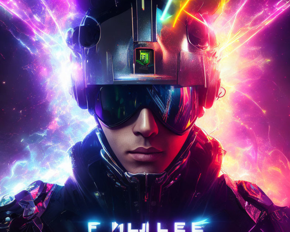 Futuristic Helmet with Neon Lights in Cyberpunk Setting
