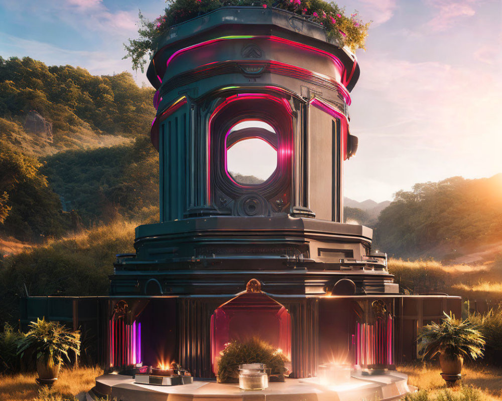 Fantastical cylindrical structure with neon accents in lush valley at sunrise or sunset surrounded by nature and orn