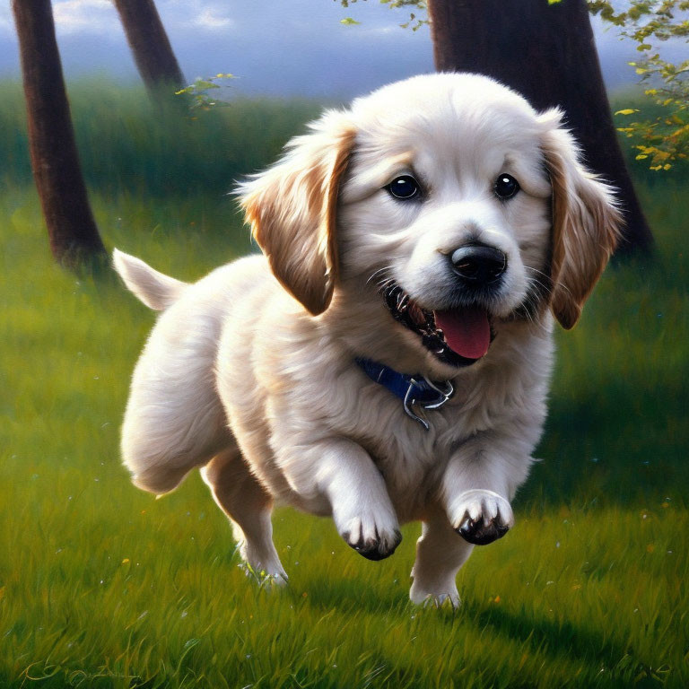Playful Golden Retriever Puppy in Sunny Meadow with Blue Collar