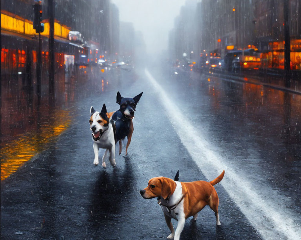 Three dogs crossing wet city street in rain with street lights reflecting