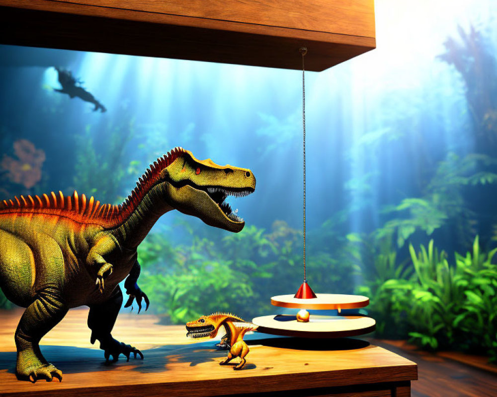 Toy Dinosaurs on Wooden Surface with Dramatic Lamp Scene