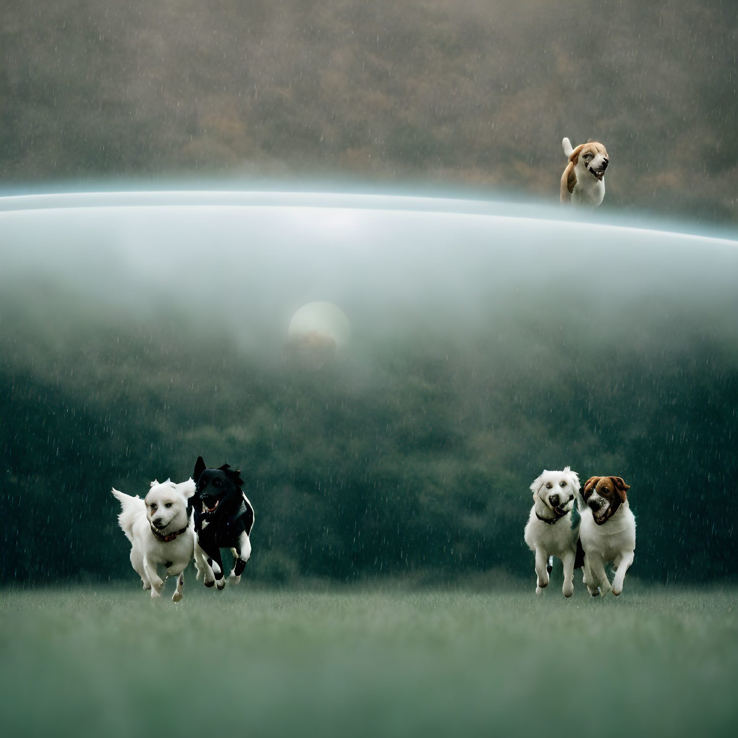 Four Dogs Playing in Surreal Field with Mysterious Object