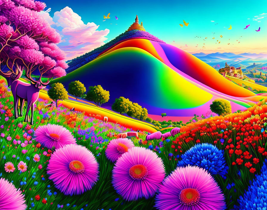 Colorful Landscape with Hill, Cherry Blossoms, Deer, and Flowers under Blue Sky